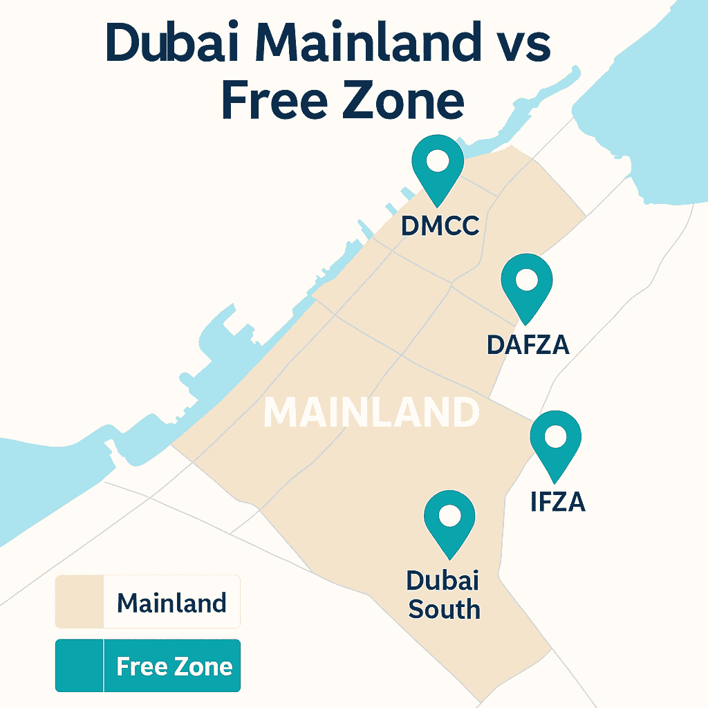 Map showing Dubai’s Mainland area and Free Zones including DMCC, DAFZA, IFZA, and Dubai South, with labeled business jurisdictions.