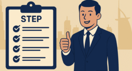 Illustration showing a checklist being completed with the Dubai skyline in the background and text reading “How to Start a Business in Dubai (2025) – Step-by-Step Guide”.
