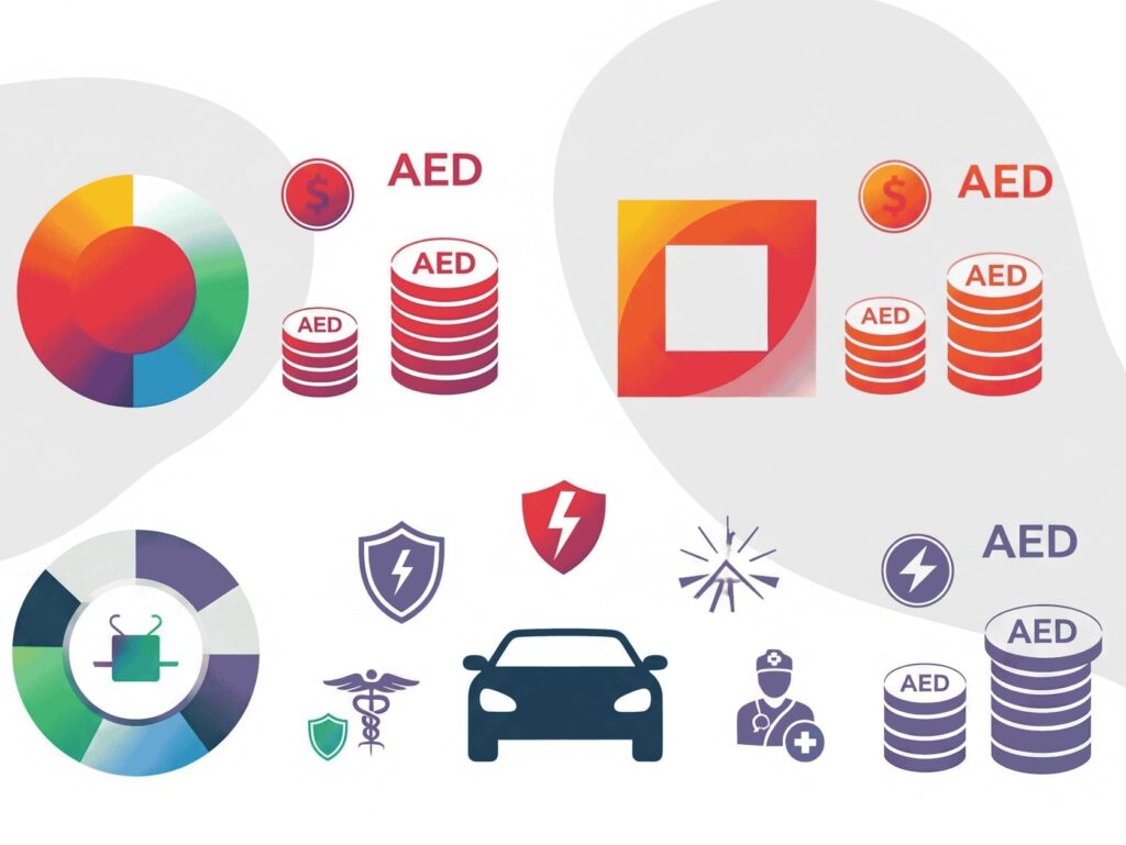 Infographic showing different types of car rental insurance in the UAE with colorful icons representing financial protection, vehicle coverage, personal accident insurance, and theft protection.