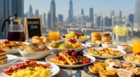 A vibrant table filled with an affordable brunch spread, including pancakes, scrambled eggs, bacon, and pastries, with the Dubai skyline and the Burj Khalifa visible in the sunlit background.