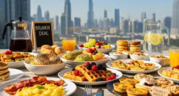 A vibrant table filled with an affordable brunch spread, including pancakes, scrambled eggs, bacon, and pastries, with the Dubai skyline and the Burj Khalifa visible in the sunlit background.