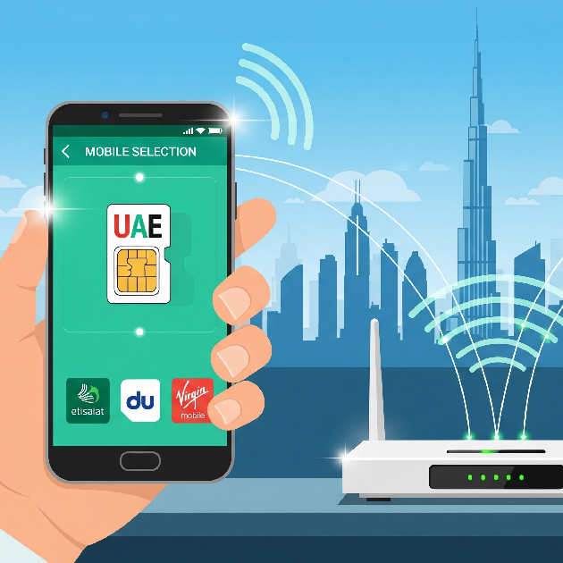 Infographic comparing Dubai telecom providers – Etisalat, Du, Virgin Mobile with internet speeds and plans