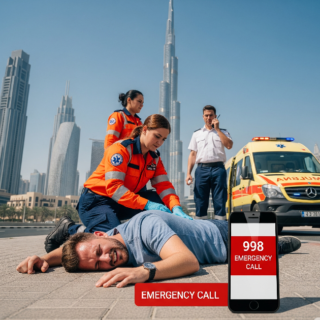 Dubai ambulance emergency scene with 998 dialed