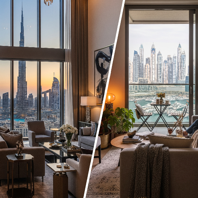 Comparison of Downtown Dubai and Dubai Marina apartment interiors