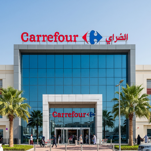 Exterior of a modern Carrefour supermarket in the UAE with a prominent red logo, a glass facade, and people entering and exiting under a bright blue sky.