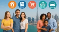 Dubai skyline with icons representing expat living costs in 2025