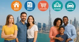 Dubai skyline with icons representing expat living costs in 2025
