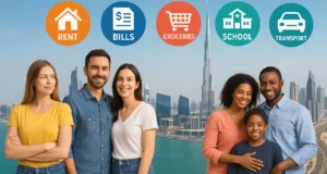 Dubai skyline with icons representing expat living costs in 2025