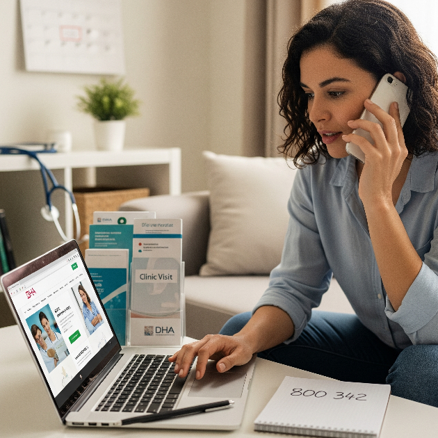 Expat calling DHA helpline 800 342 for medical advice and appointments