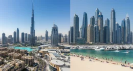 Split view of Downtown Dubai and Dubai Marina showing key landmarks and skyline