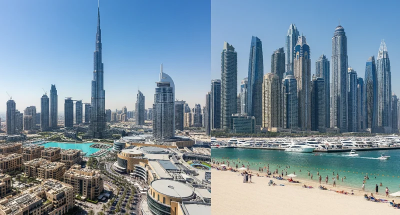Split view of Downtown Dubai and Dubai Marina showing key landmarks and skyline