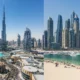 Split view of Downtown Dubai and Dubai Marina showing key landmarks and skyline