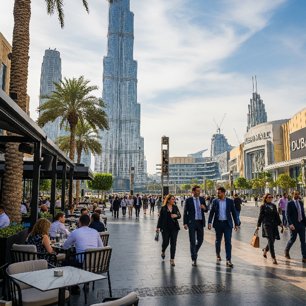 Emaar Boulevard in Downtown Dubai with Burj Khalifa in view