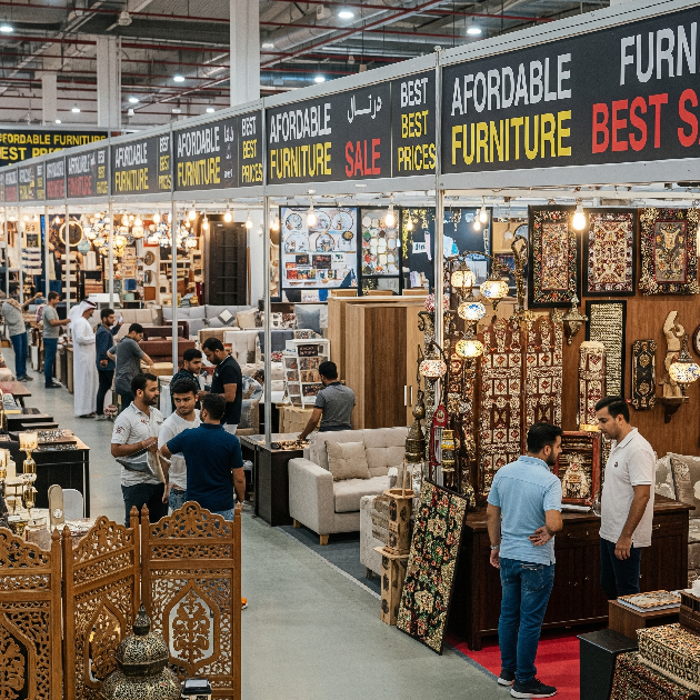 Dragon Mart Dubai with stalls selling budget-friendly furniture to expats