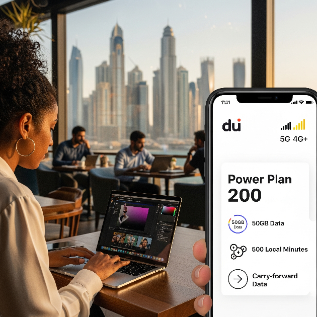 Freelancer using Du Power Plan 200 with 50GB data and 5G internet in a Dubai café.