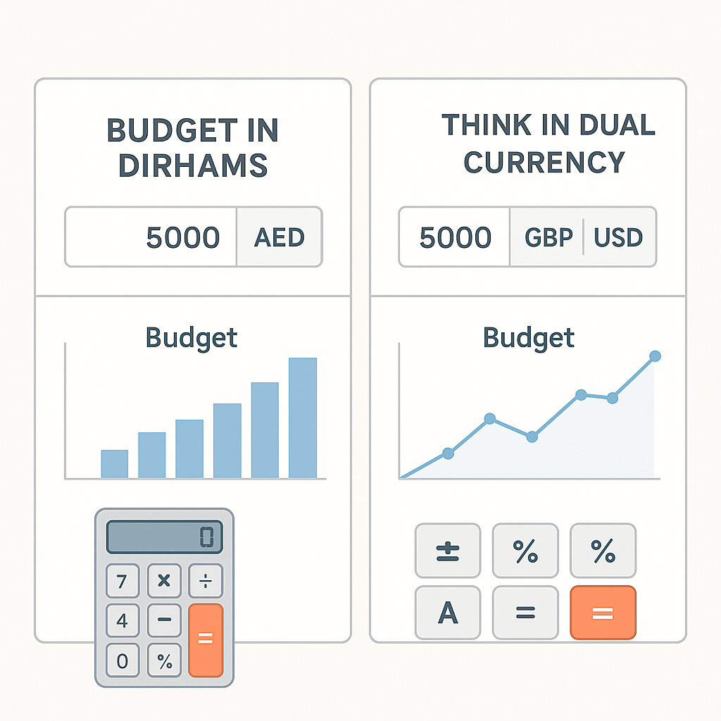 Budget tracking in AED and GBP on a digital dashboard