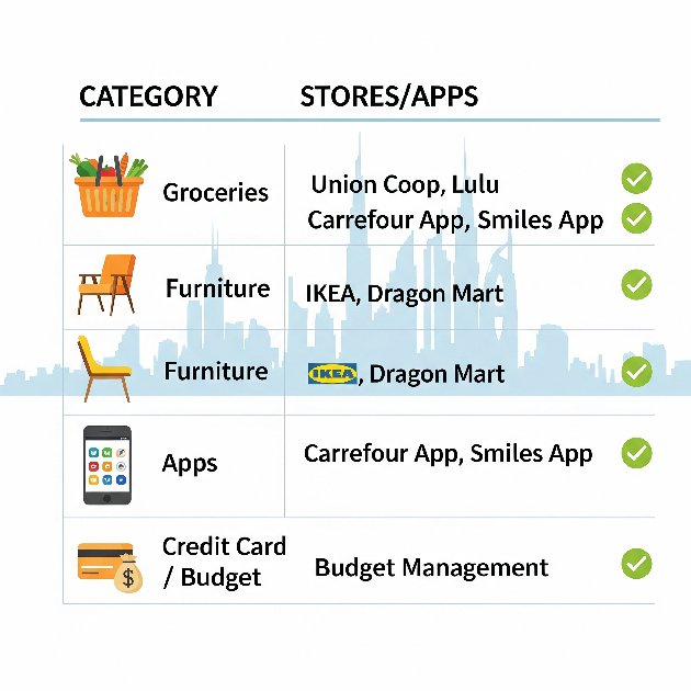 Infographic checklist of grocery and furniture budget shopping options in Dubai