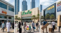 Expats shopping at budget grocery and furniture stores in Dubai like Union Coop, Lulu, IKEA, and Dragon Mart