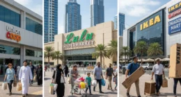 Expats shopping at budget grocery and furniture stores in Dubai like Union Coop, Lulu, IKEA, and Dragon Mart