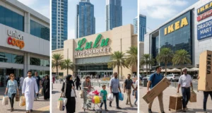Expats shopping at budget grocery and furniture stores in Dubai like Union Coop, Lulu, IKEA, and Dragon Mart