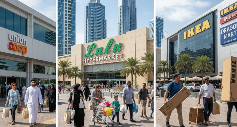 Expats shopping at budget grocery and furniture stores in Dubai like Union Coop, Lulu, IKEA, and Dragon Mart