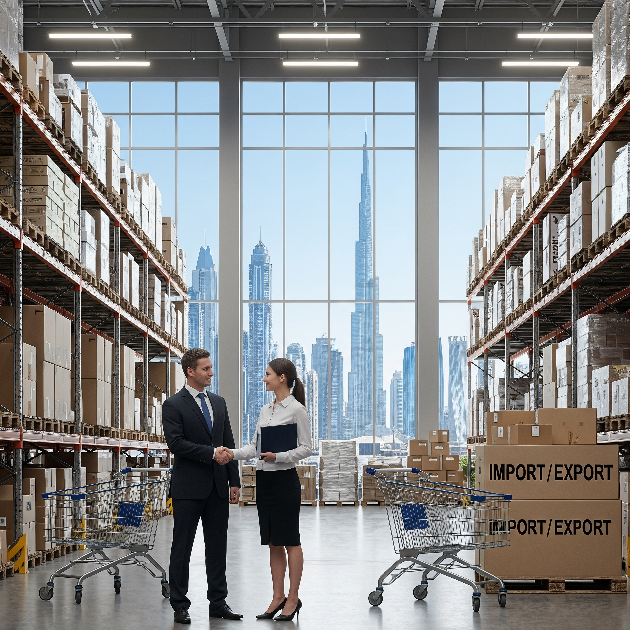 Business people shaking hands inside a warehouse filled with import/export boxes and shopping carts, with the Dubai skyline in the background — symbolizing commercial trade licensing in Dubai.