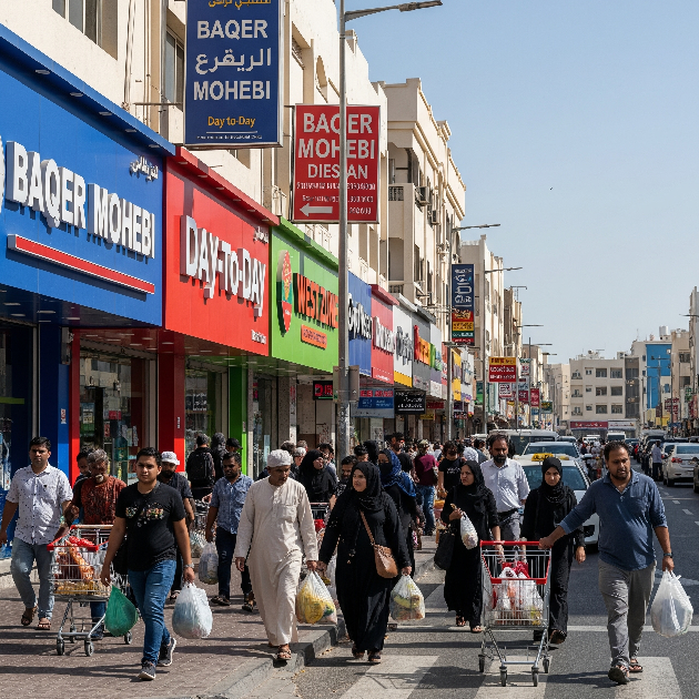 A busy street scene in a local Dubai neighborhood with diverse shoppers walking past storefronts for popular discount grocers like Baqer Mohebi, Day-to-Day, and West Zone Fresh.