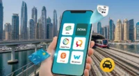Smartphone showing Dubai life apps like RTA, DEWA, and S’hail with Dubai Marina backdrop