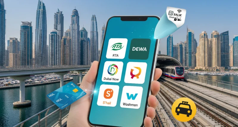 Smartphone showing Dubai life apps like RTA, DEWA, and S’hail with Dubai Marina backdrop