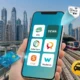 Smartphone showing Dubai life apps like RTA, DEWA, and S’hail with Dubai Marina backdrop