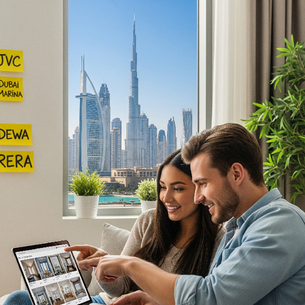 Expat couple searching for housing in Dubai with listings and city view