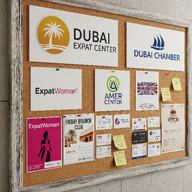Support organizations for expats in Dubai displayed on a community board
