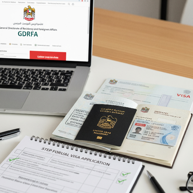 Visa documents and Emirates ID on a desk with a visa checklist