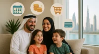 Happy Dubai family using budget tools to manage monthly expenses