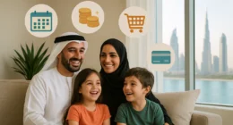 Happy Dubai family using budget tools to manage monthly expenses