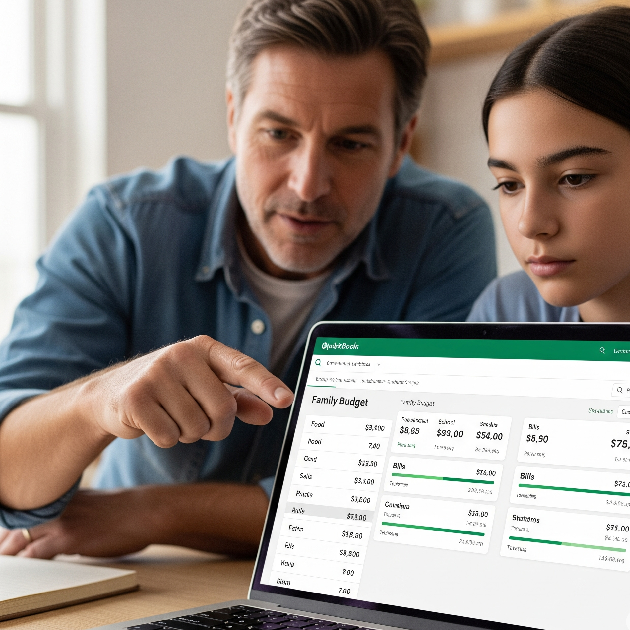 Parent and teen using QuickBooks to track family expenses in Dubai