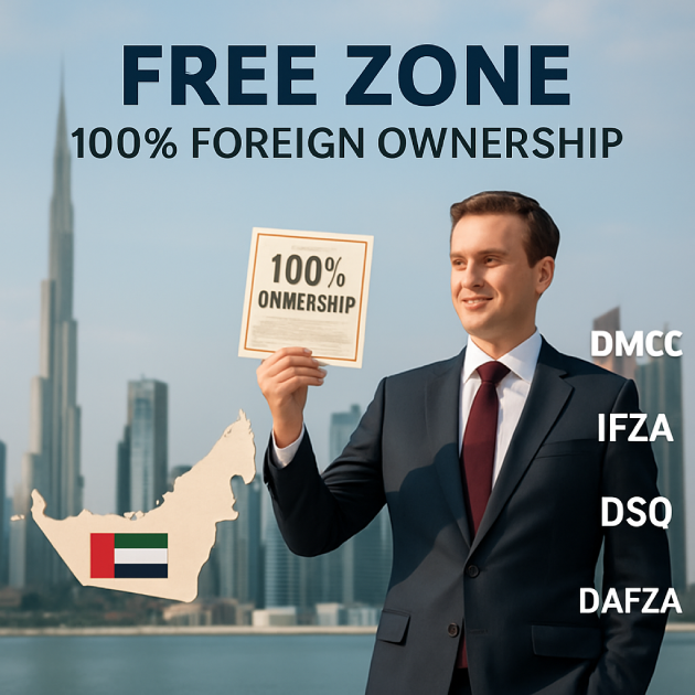 Businessman holding a 100% ownership certificate with Dubai skyline and UAE Free Zone logos in background