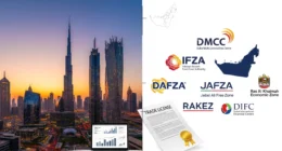 Split-screen comparison of Free Zone and Mainland business setup in Dubai
