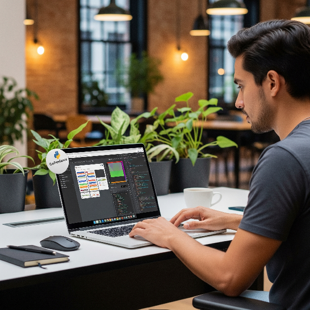 Young freelancer working on a laptop at a Flexi-desk with design and coding tools, featuring a 'GoFreelance' badge — representing Dubai’s freelance permit for independent professionals.