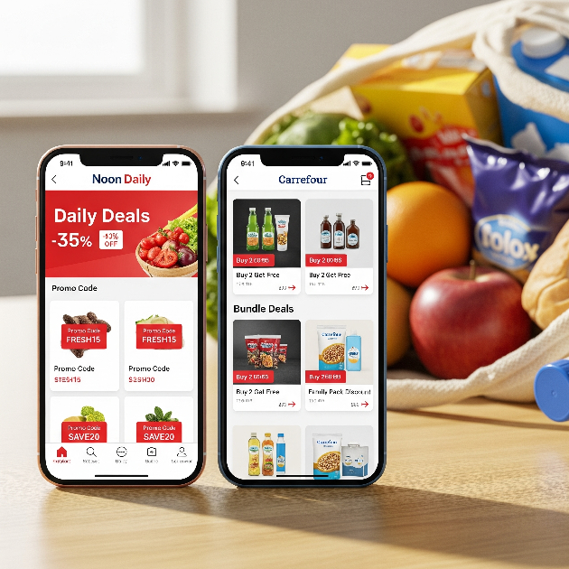 Grocery shopping in Dubai using Noon and Carrefour promo apps
