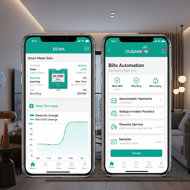 An infographic-style image showing two smartphone screens side-by-side. One displays the DEWA app with smart meter data and usage graphs, while the other shows the Dubai Now app's bills automation interface. The background is a modern Dubai apartment living room.
