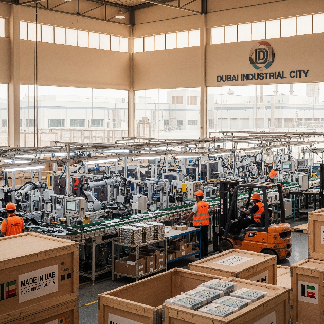 Factory interior with machines assembling products, workers in safety gear, and export crates, symbolizing industrial licensing for manufacturing businesses in Dubai.