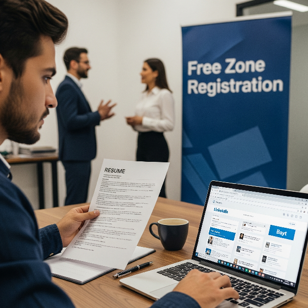 Expat job seeker applying online while another consults for company registration