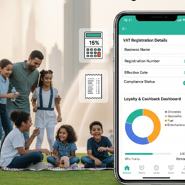 An infographic-style image showing a smartphone with a financial dashboard that includes VAT report and loyalty/cashback programs. The background is a family enjoying a free local park in Dubai, with the Burj Khalifa in the distance.