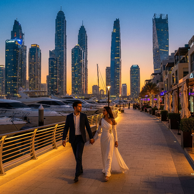 Couple enjoying waterfront living in Dubai Marina