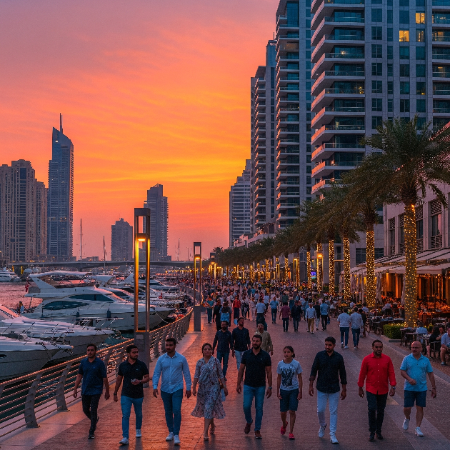 Dubai Marina promenade at sunset with yachts and expats socializing