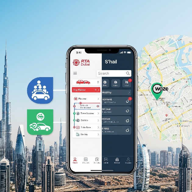 An infographic-style image showing a smartphone displaying the RTA Dubai and S'hail apps, with icons for ride-sharing and carpooling. In the background is a map of Dubai with a Waze pin, set against a modern city skyline.