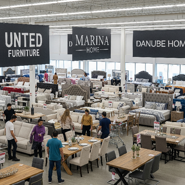 A spacious furniture showroom inside The Outlet Village in Dubai, featuring signs for United Furniture, Marina Home, and Danube Home, with shoppers Browse discounted sofas, beds, and dining sets.