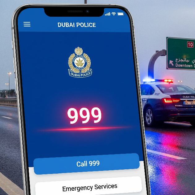 Dubai Police app with emergency number 999 on screen