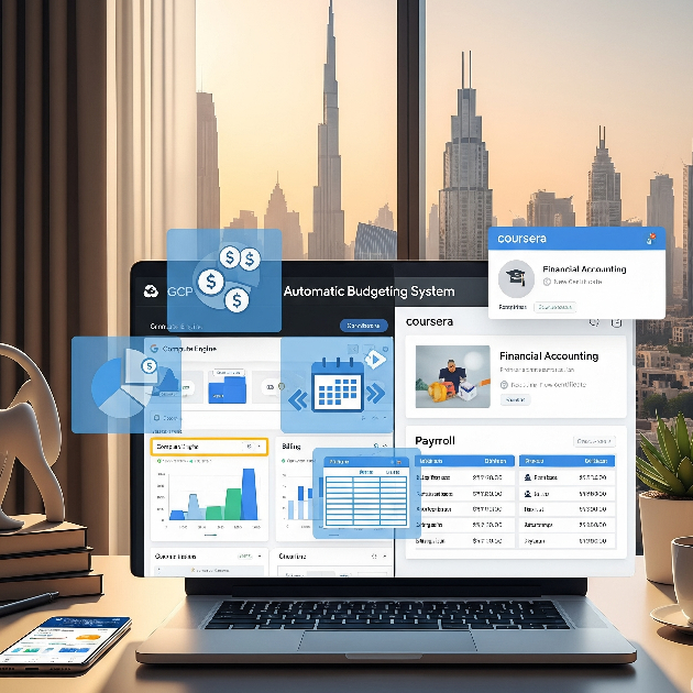 An infographic-style image showing a laptop displaying Google Cloud and Coursera dashboards. The screen has overlaid icons representing automated budgeting and payroll. In the background, a modern office with a large window overlooks the Dubai skyline at sunset.